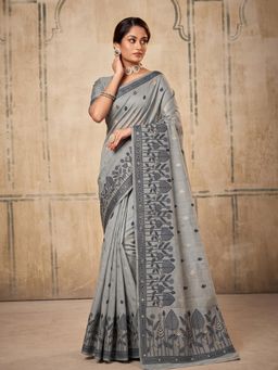 Sutriti - Grey Pure Cotton Saree For Women Elegant Festive and Formal Ethnic Wear