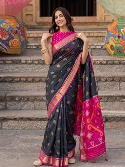 Sutriti - Soft Silk Saree in Black and Rani Pink for Women Festive Wear