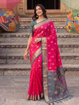 Sutriti - Soft Silk Saree in Rani Pink and Grey for Women Ethnic Wear