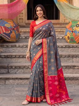 Sutriti - Soft Silk Saree in Grey and Red for Women Festive Party Wear