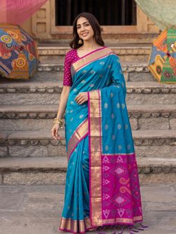 Sutriti - Soft Silk Saree in Sky Blue and Rani Pink for Women Ethnic