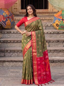 Sutriti - Soft Silk Saree in Olive Green and Red for Women Party Wear