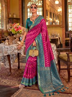 Sutriti - Rani Pink Banarasi Silk Saree With Teal Border Women's Royal Wedding Attire