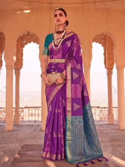 Sutriti - Purple Soft Silk Saree With Teal Border Festive and Wedding Wear For Women