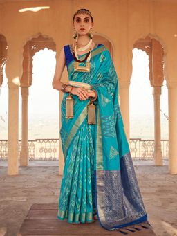 Sutriti - Sky Blue Soft Silk Saree Navy Contrast Border Traditional Wear For Women