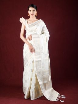 EXCLUSIVA - Off White Linen Woven Saree Silver Zari Border with Unstitched Blouse