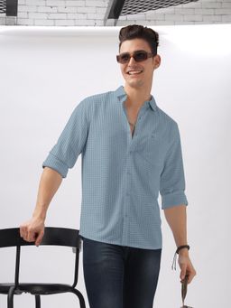 BULLMER - Blue Trendy Regular Fit Textured Solid Fabric Causal Crochet Shirt for Men