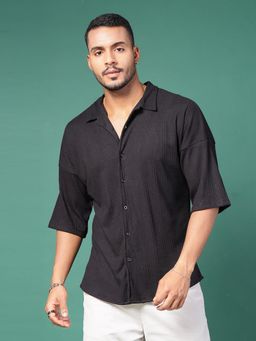 RIGO - Men Black Rib Solid Oversized Shirt
