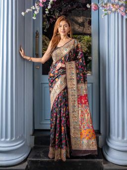 Beatitude - Black Modal Silk Kashmiri Weaving with Unstitched Blouse