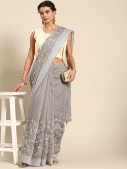 Odette - Grey Cotton Embroidered Saree with Unstitched Blouse