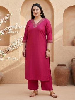 Globus - Pink Embroidered V-Neck Kurta With Pant