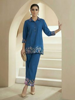 Globus - Blue Embroidered Collar Neck Kurti With Palazzo