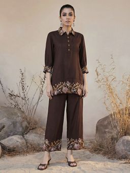 Globus - Brown Embroidered Collar Neck Kurti With Palazzo