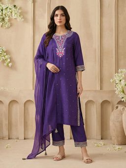 Globus - Purple Floral Round Neck Kurta Pant With Dupatta