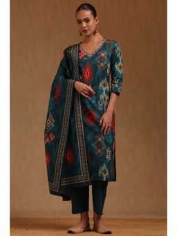 Soch - Teal Printed V-Neck Kurta Pant With Dupatta