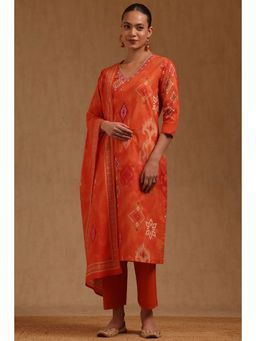 Soch - Orange Printed V-Neck Kurta Pant With Dupatta