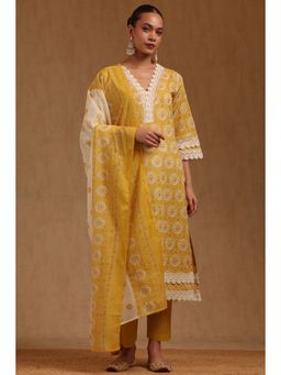 Soch - Yellow Floral V-Neck Kurta Pant With Dupatta