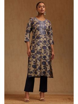 Soch - Navy Blue Floral Round Neck Kurta with Pant