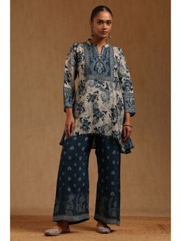 Soch - Indigo Floral Mandarin Neck Kurti with Palazzo
