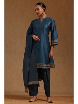 Soch - Blue Plain Mandarin Neck Kurta Salwar With Dupatta