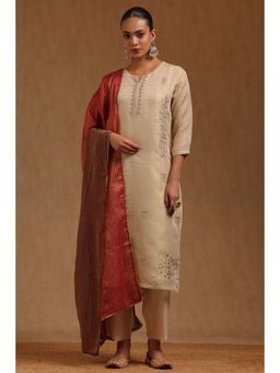 Soch - Beige Embroidered Round Neck Kurta Pant With Dupatta
