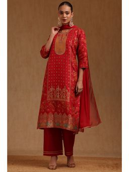 Soch - Red Embroidered Round Neck Kurta Pant With Dupatta
