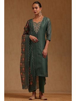 Soch - Green Stripes Round Neck Kurta Pant With Dupatta