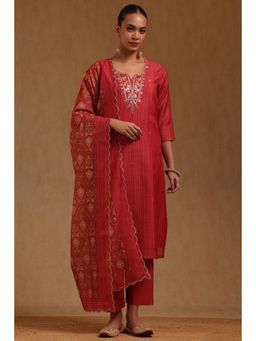 Soch - Red Stripes Round Neck Kurta Pant With Dupatta