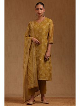 Soch - Mustard Floral Round Neck Kurta Pant With Dupatta