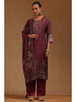 Soch - Wine Embroidered Round Neck Kurta Palazzo With Dupatta
