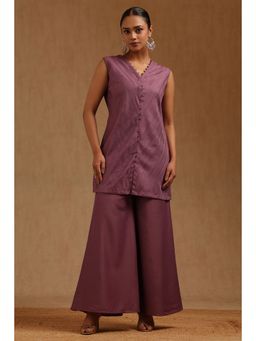 Soch - Pink Embroidered V-Neck Kurti Pair Of Unstitched Sleeves with Palazzo