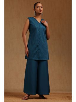 Soch - Teal Embroidered V-Neck Kurti Pair Of Unstitched Sleeves with Palazzo