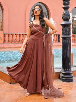 Tikhi Imli - Brown Embroidered One Shoulder Kurta Pant With Dupatta