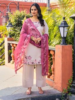 Tikhi Imli - Beige Embroidered Square Neck Kurta Palazzo With Dupatta
