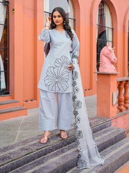 Tikhi Imli - Blue Embroidered Round Neck Kurta Palazzo With Dupatta
