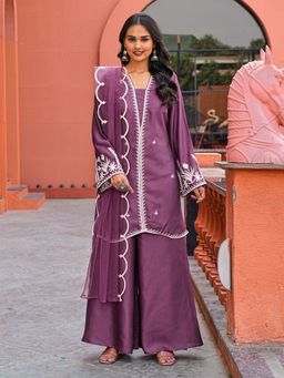 Tikhi Imli - Mauve Embroidered V-Neck Kurta Palazzo With Dupatta