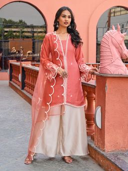 Tikhi Imli - Peach Embroidered V-Neck Kurta Palazzo With Dupatta