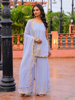 Tikhi Imli - Blue Embroidered Round Neck Kurti Palazzo With Dupatta