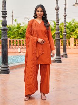 Tikhi Imli - Orange Embroidered V-Neck Kurta Palazzo With Dupatta