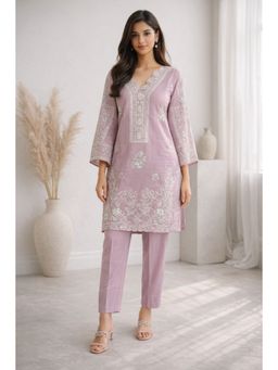 Autumnlane - Lavender Embroidered V-Neck Kurta With Pant
