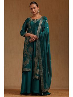 Soch - Teal Woven Round Neck Kurta Palazzo With Dupatta
