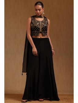 Soch - Black Floral Round Neck Crop Top Pair of unstitched sleeves and Palazzo With Dupatta