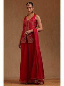 Soch - Pink Embroidered V-Neck Kurta Pair of unstitched sleeves And Palazzo With Dupatta