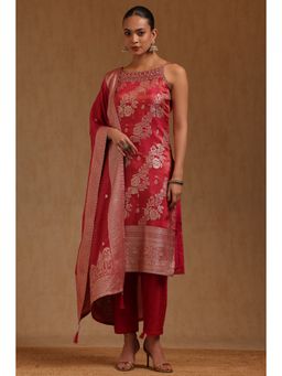Soch - Pink Floral Square Neck Kurta Pair of unstitched sleeves And Pant With Dupatta