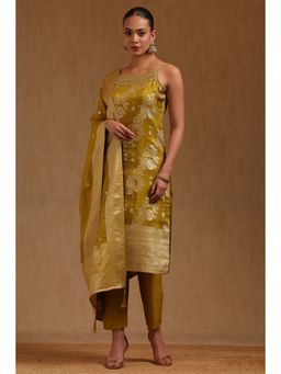 Soch - Green Floral Square Neck Kurta Pair of unstitched sleeves And Pant With Dupatta