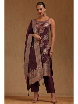 Soch - Purple Floral Square Neck Kurta Pair of unstitched sleeves And Pant With Dupatta