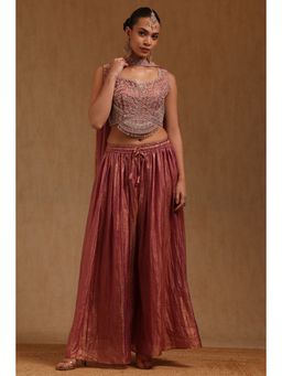 Soch - Pink Floral Sweetheart Crop Top Pair of unstitched sleeves With Palazzo With Dupatta
