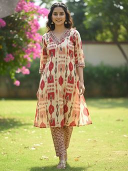 Autumnlane - Beige Printed V-Neck Kurta With Pant