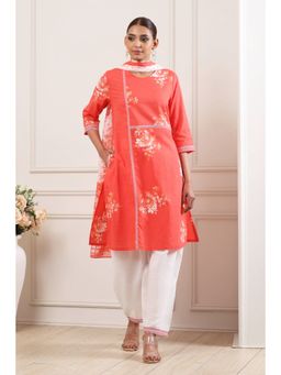 Biba - Orange Floral Printed Round Neck Kurta Salwar With Dupatta