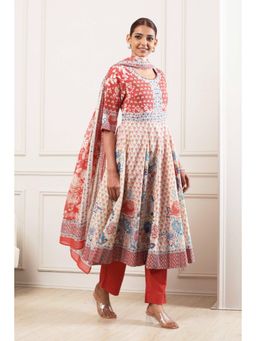 Biba - Red Floral Printed Round Neck Kurta Pant With Dupatta